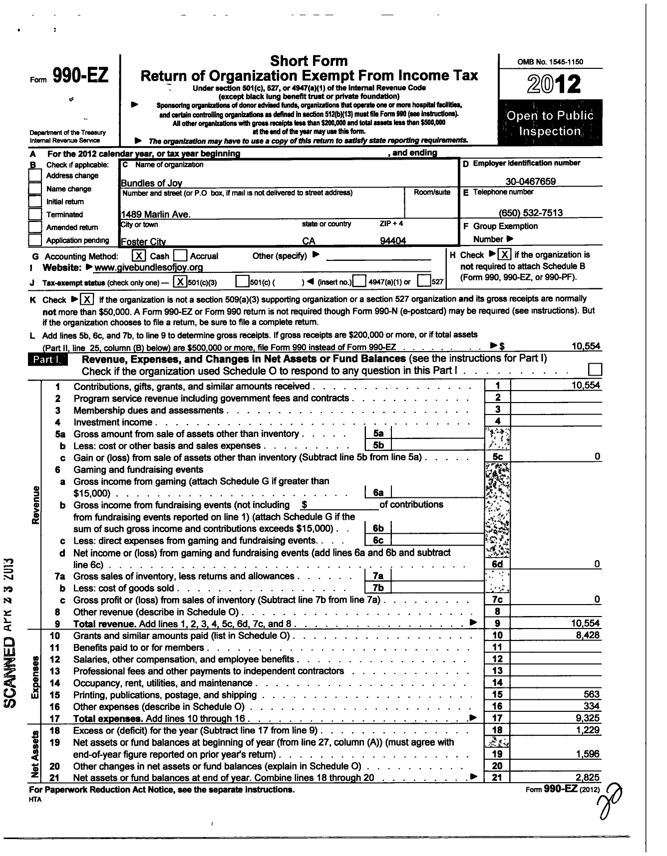 Image of first page of 2012 Form 990EZ for Bundles of Joy