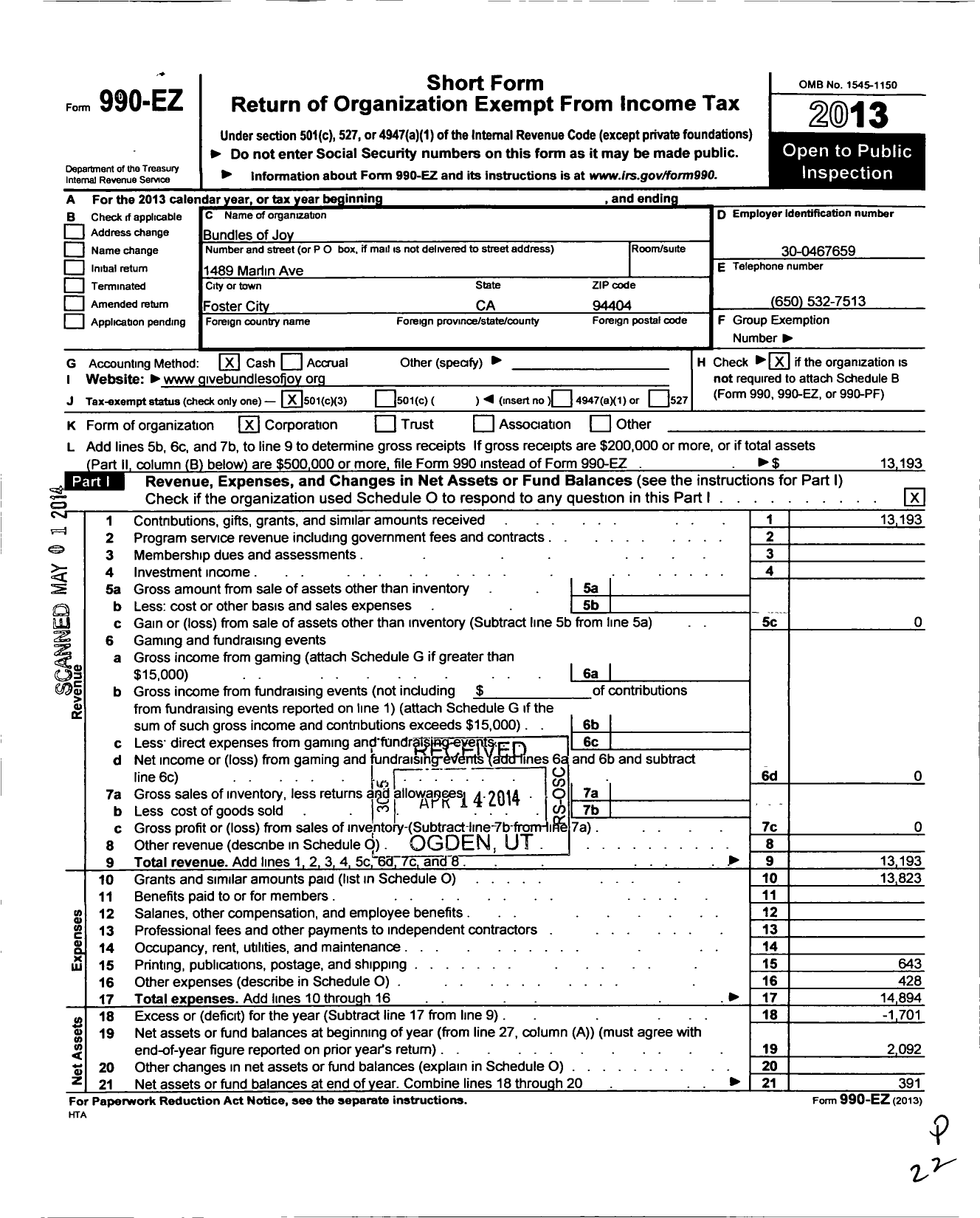 Image of first page of 2013 Form 990EZ for Bundles of Joy