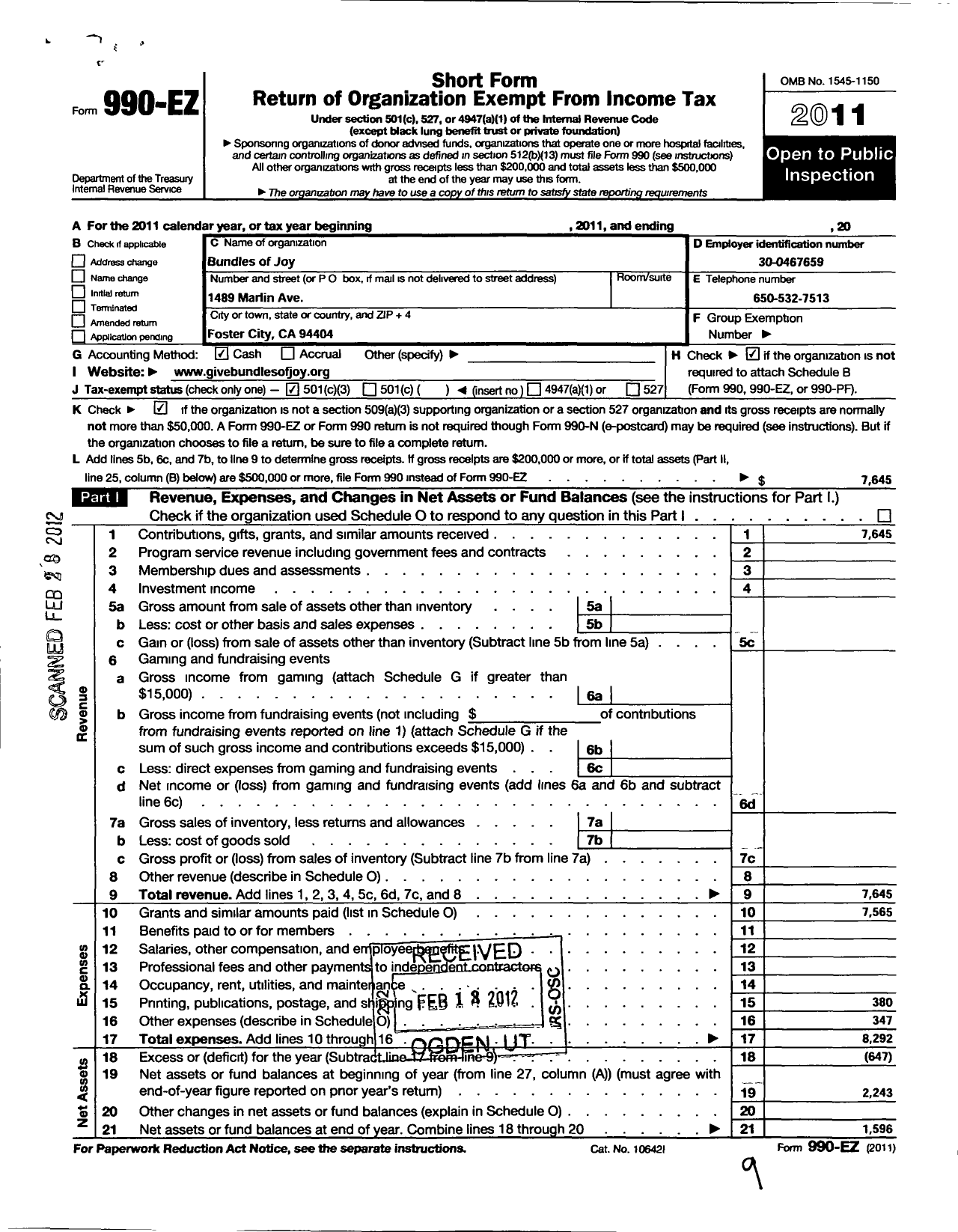 Image of first page of 2011 Form 990EZ for Bundles of Joy