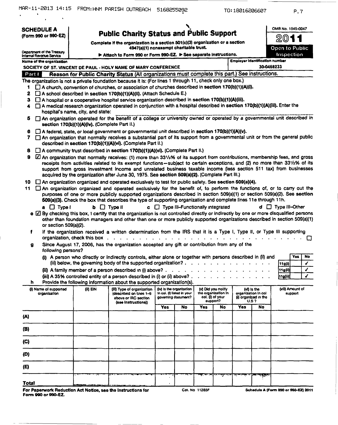 Image of first page of 2011 Form 990ER for Central Council of the Society of St Vincent de Paul in the Diocese / The Parish of Holy Name of Mary