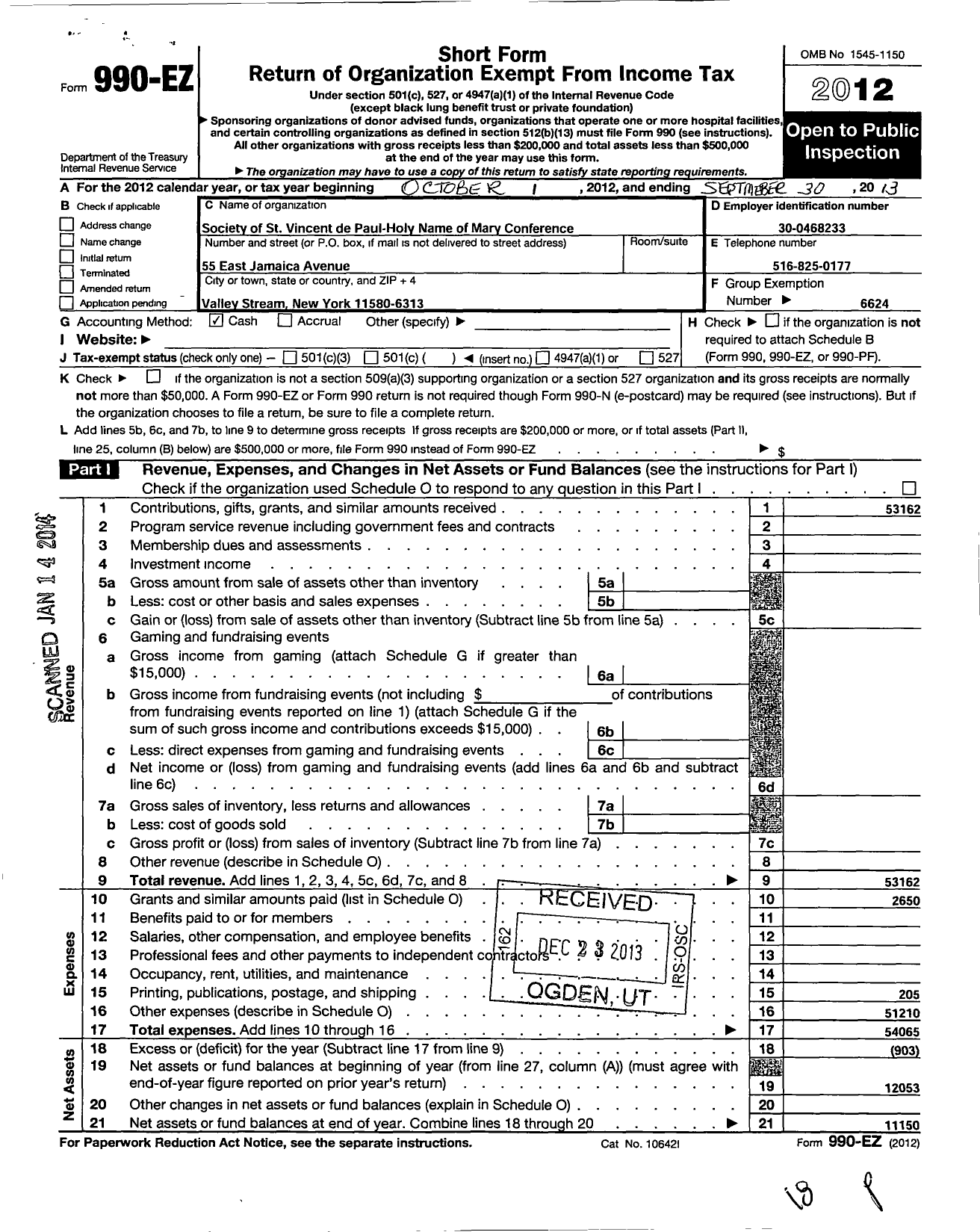 Image of first page of 2012 Form 990EO for Central Council of the Society of St Vincent de Paul in the Diocese / The Parish of Holy Name of Mary