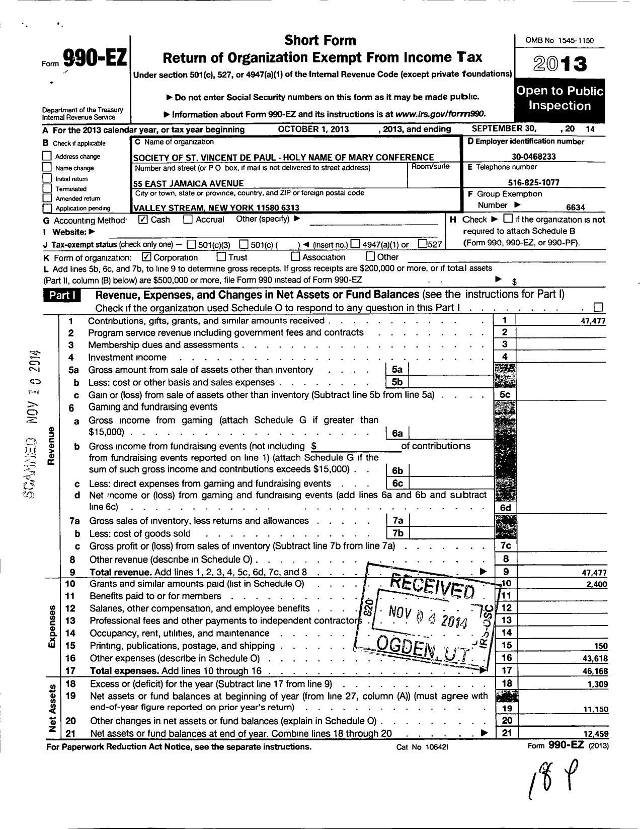 Image of first page of 2013 Form 990EO for Central Council of the Society of St Vincent de Paul in the Diocese / The Parish of Holy Name of Mary