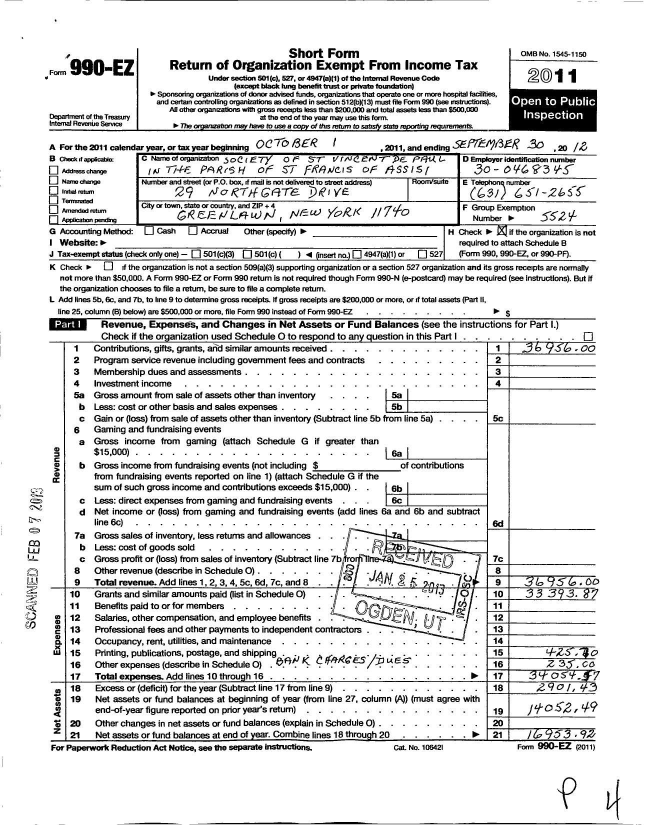 Image of first page of 2011 Form 990EO for Central Council of the Society of St Vincent de Paul in the Diocese / St Francis of Assisi Conference