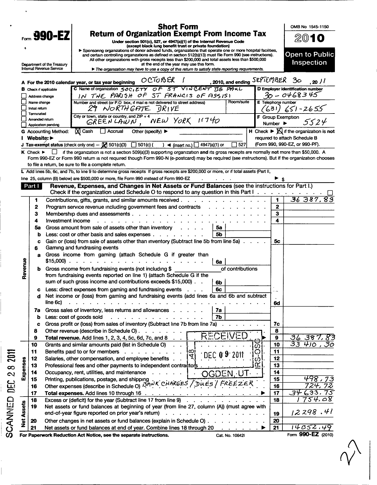 Image of first page of 2010 Form 990EZ for Central Council of the Society of St Vincent de Paul in the Diocese / St Francis of Assisi Conference