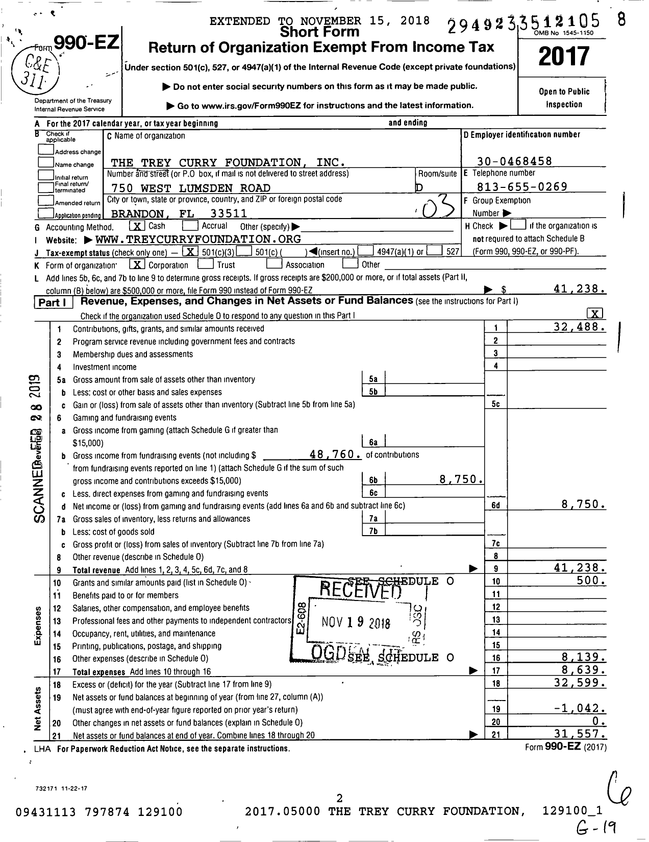 Image of first page of 2017 Form 990EZ for The Trey Curry Foundation