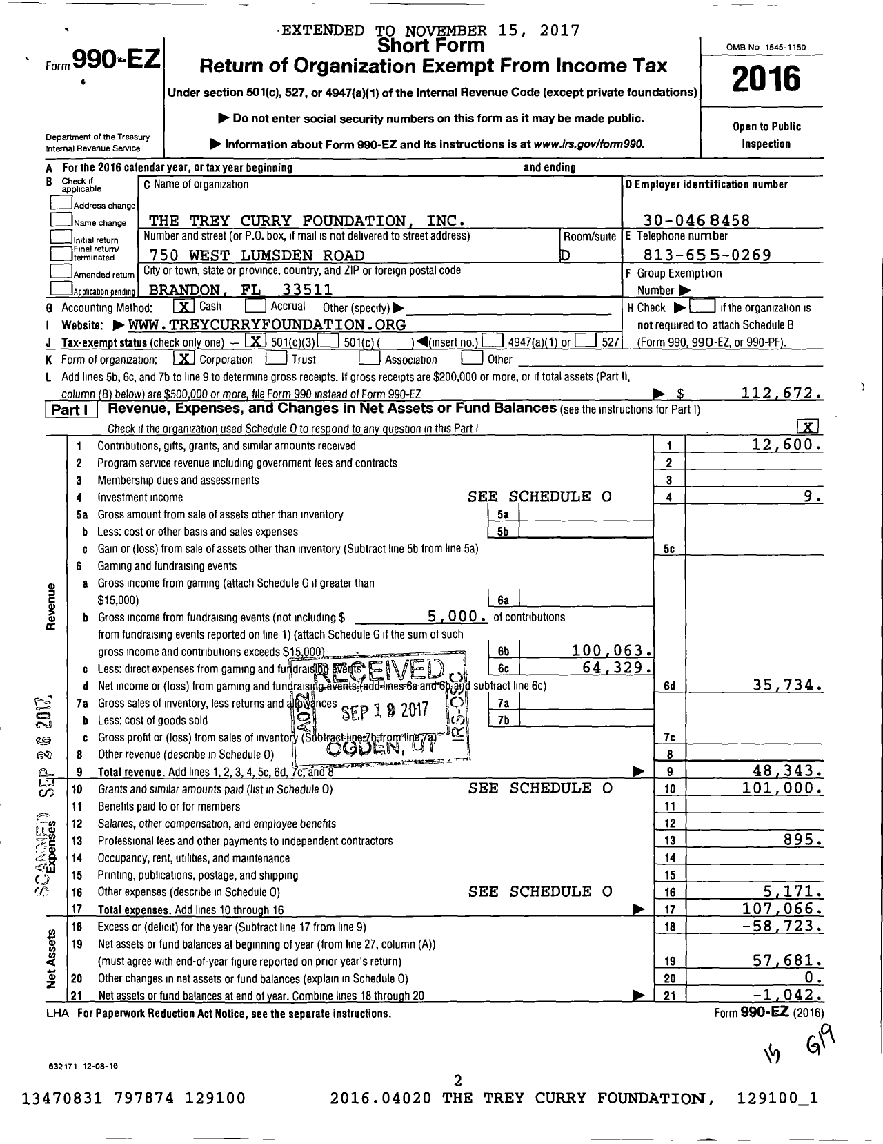 Image of first page of 2016 Form 990EZ for The Trey Curry Foundation