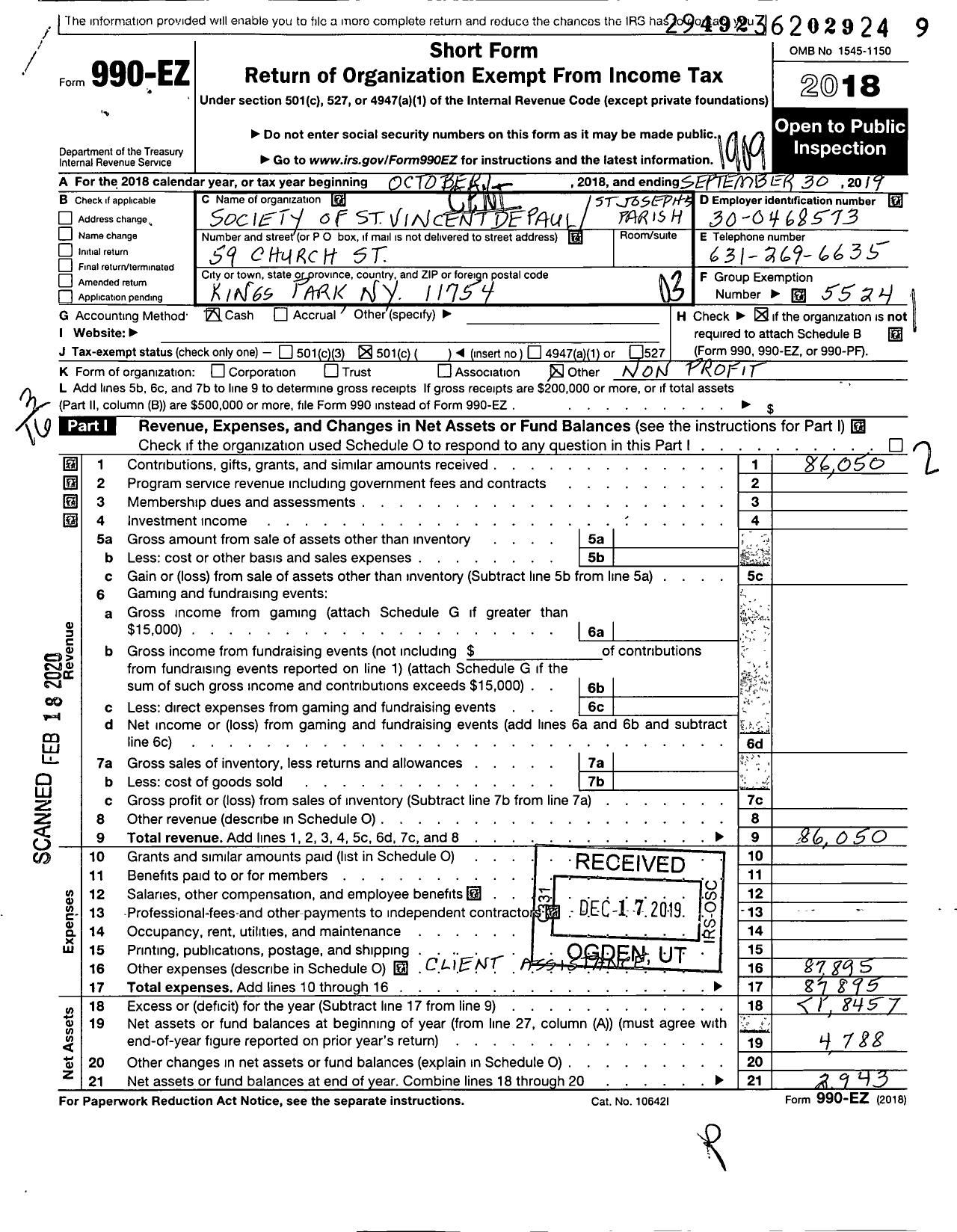 Image of first page of 2018 Form 990EZ for Society of St Vincent de Paul / The Parish of St Joseph-Kings Park