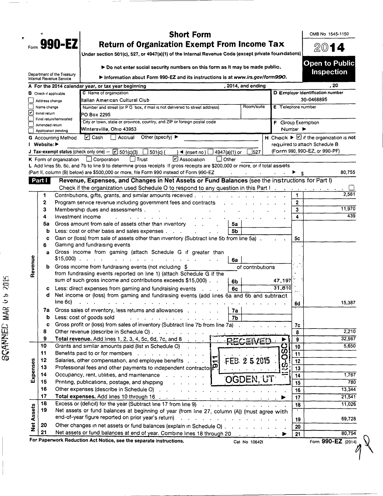 Image of first page of 2014 Form 990EZ for Italian American Cultural Club