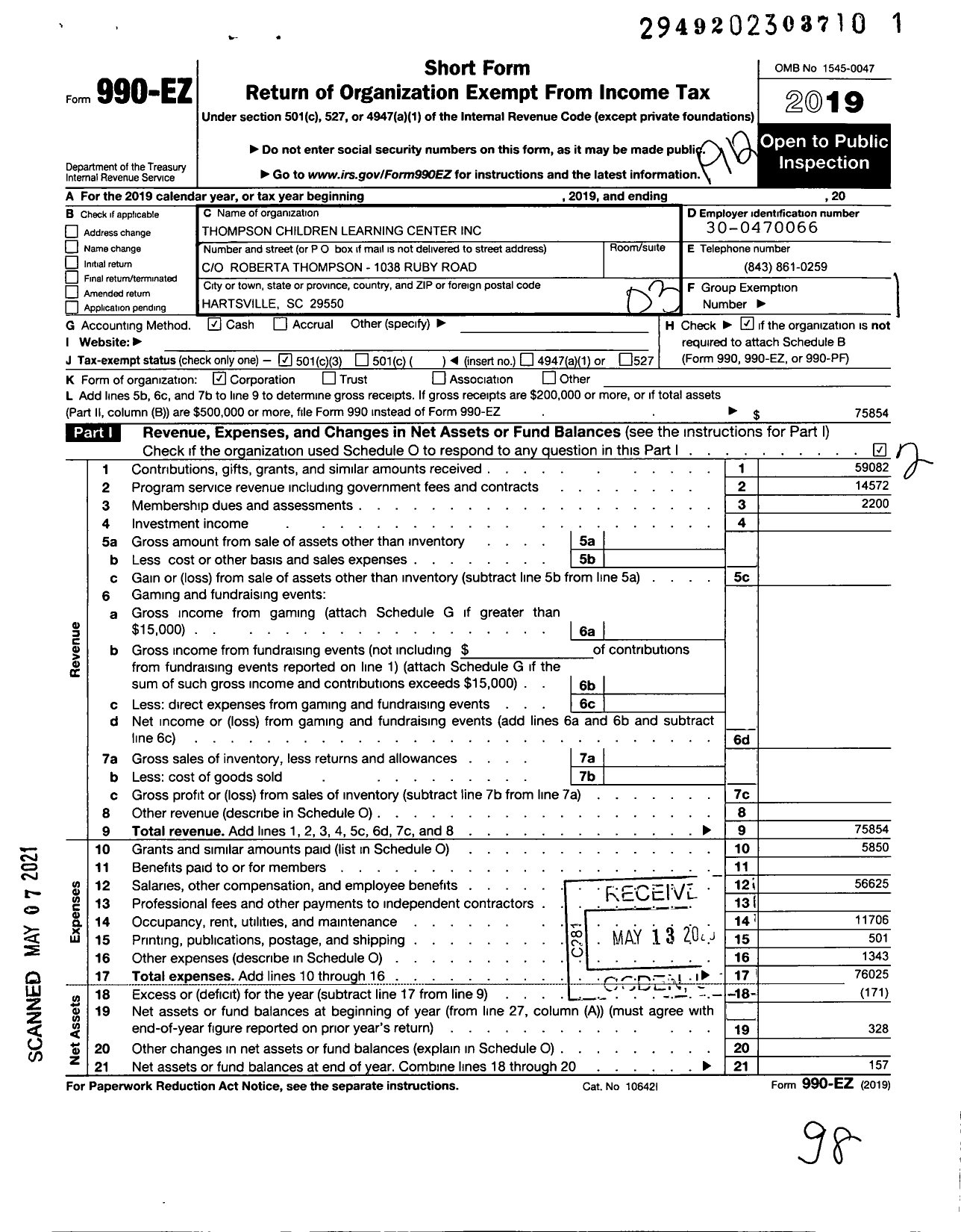 Image of first page of 2019 Form 990EZ for Thompson Children Learning Center