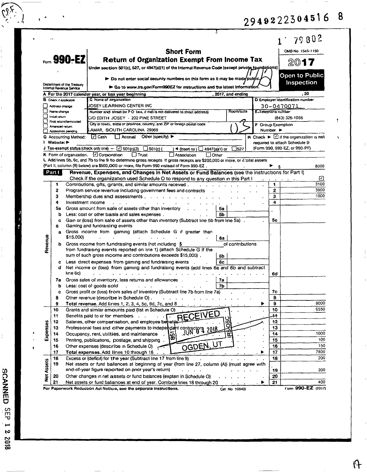 Image of first page of 2017 Form 990EZ for Josey Learning Center