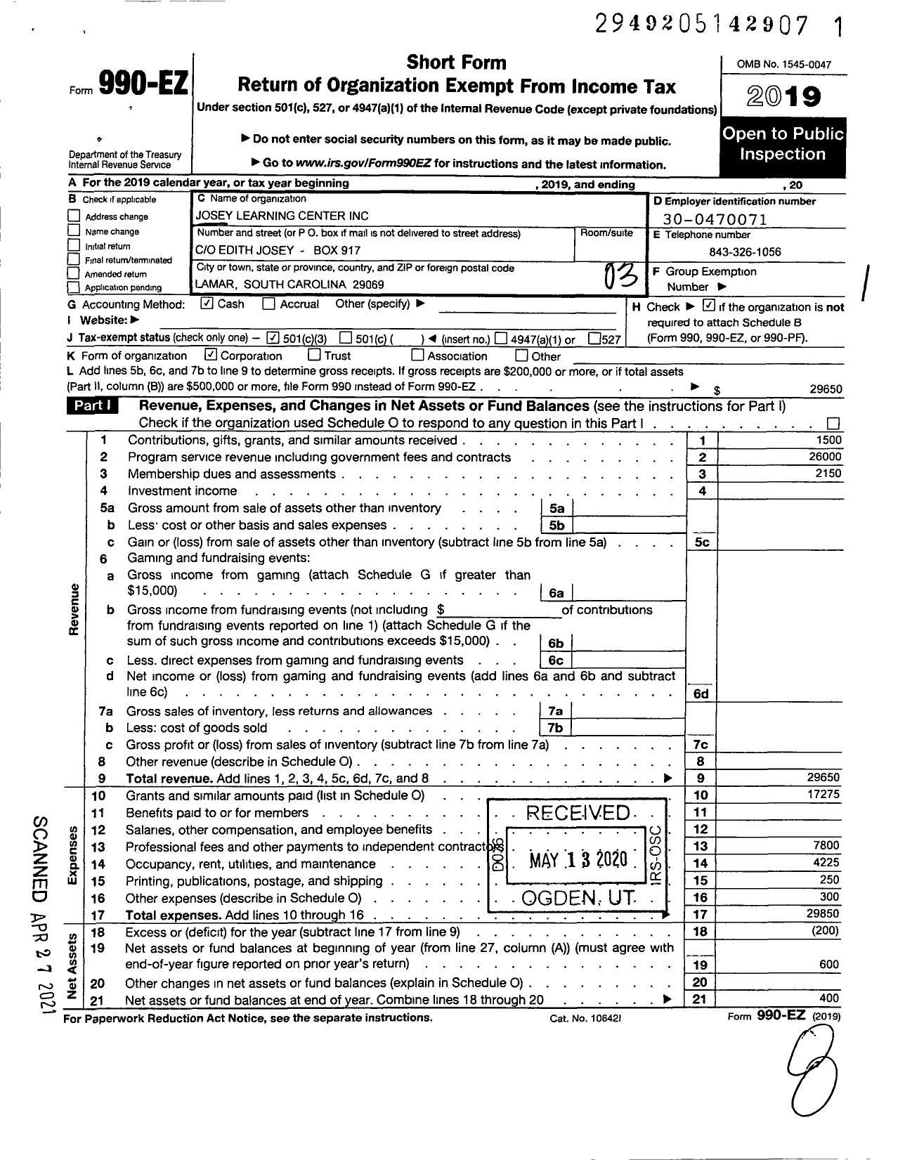 Image of first page of 2019 Form 990EZ for Josey Learning Center