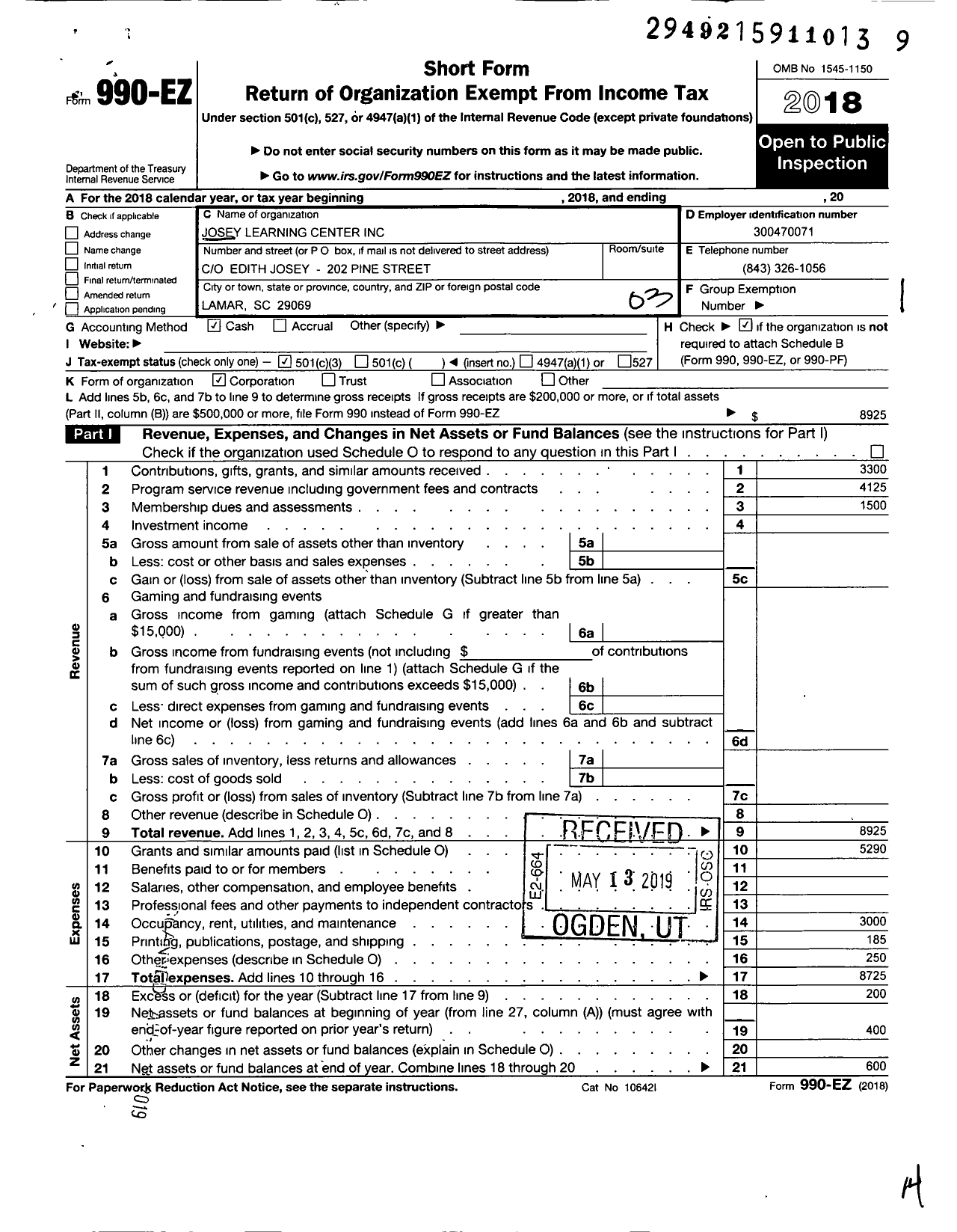 Image of first page of 2018 Form 990EZ for Josey Learning Center