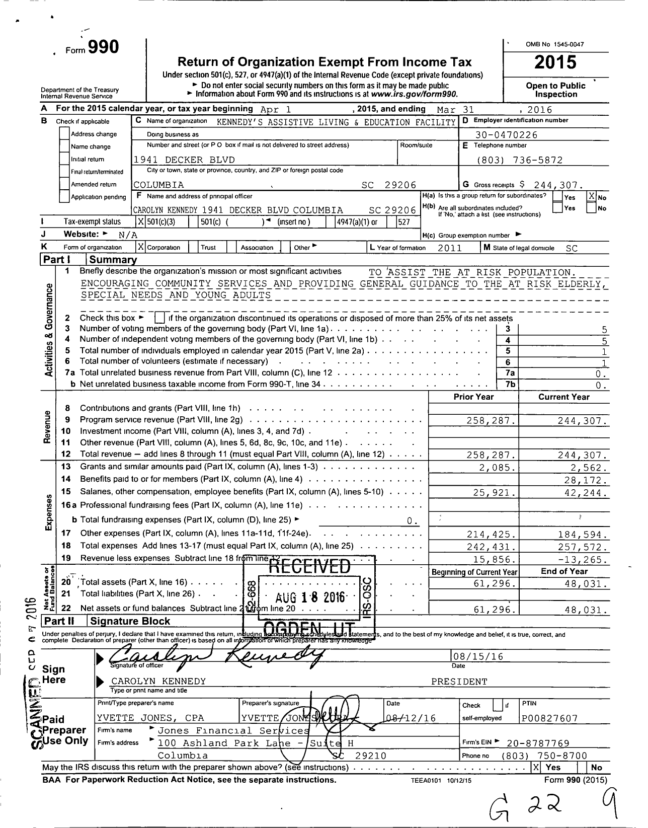Image of first page of 2015 Form 990 for Kennedy's 'S Assistive Living and Education