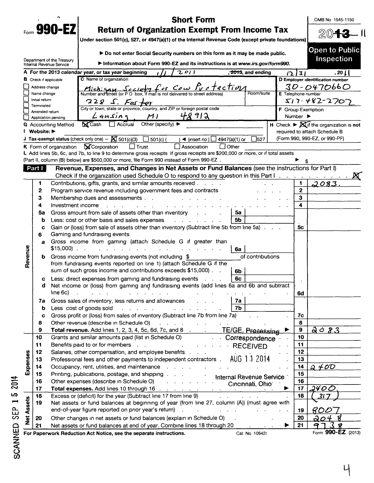 Image of first page of 2011 Form 990EZ for The Michigan Society for Cow Protection