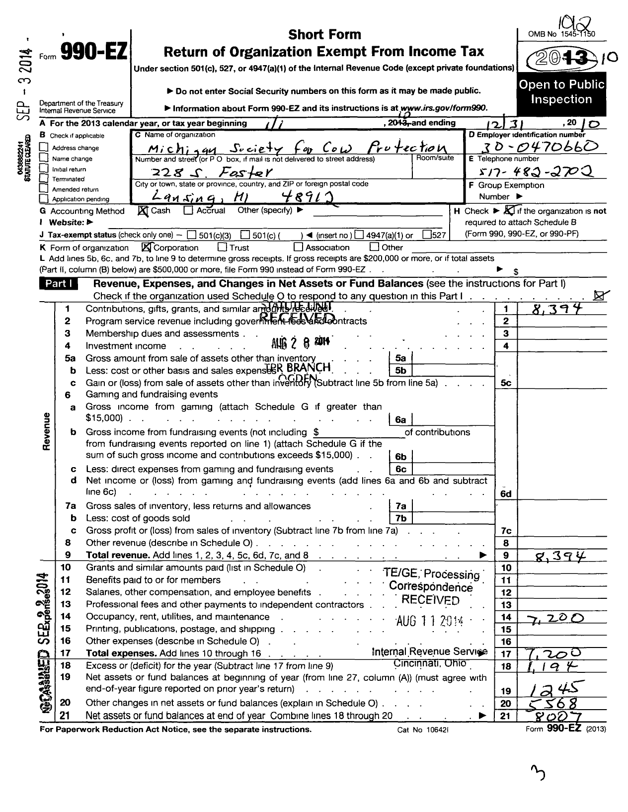 Image of first page of 2010 Form 990EO for The Michigan Society for Cow Protection