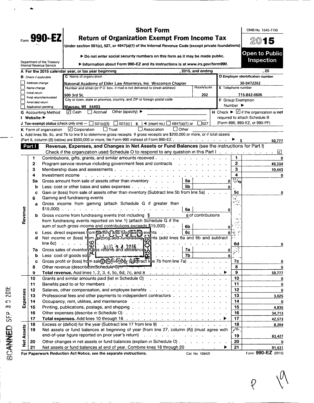 Image of first page of 2015 Form 990EO for NATIONAL ACADEMY OF ELDER LAW ATTORNEYS INC Wisconsin Chapter