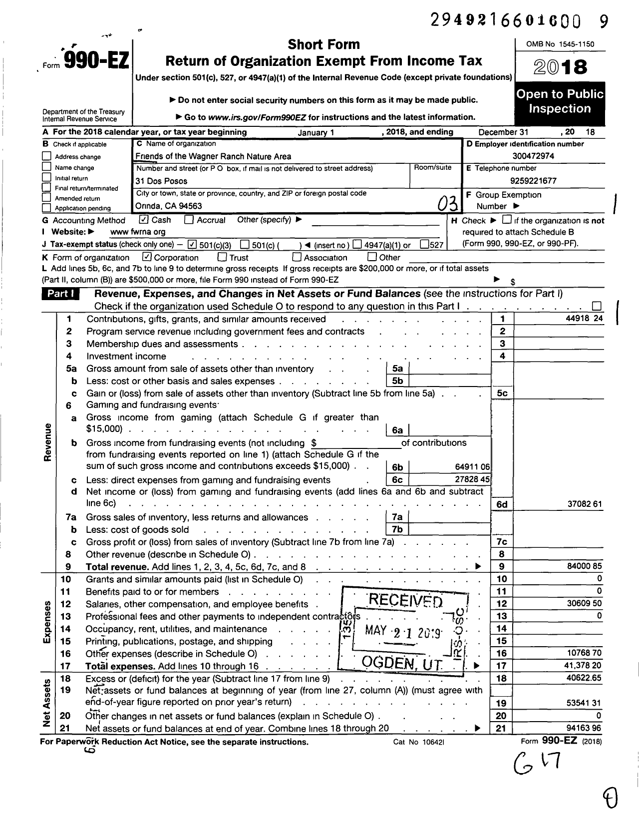 Image of first page of 2018 Form 990EZ for Friends of the Orinda Nature Area