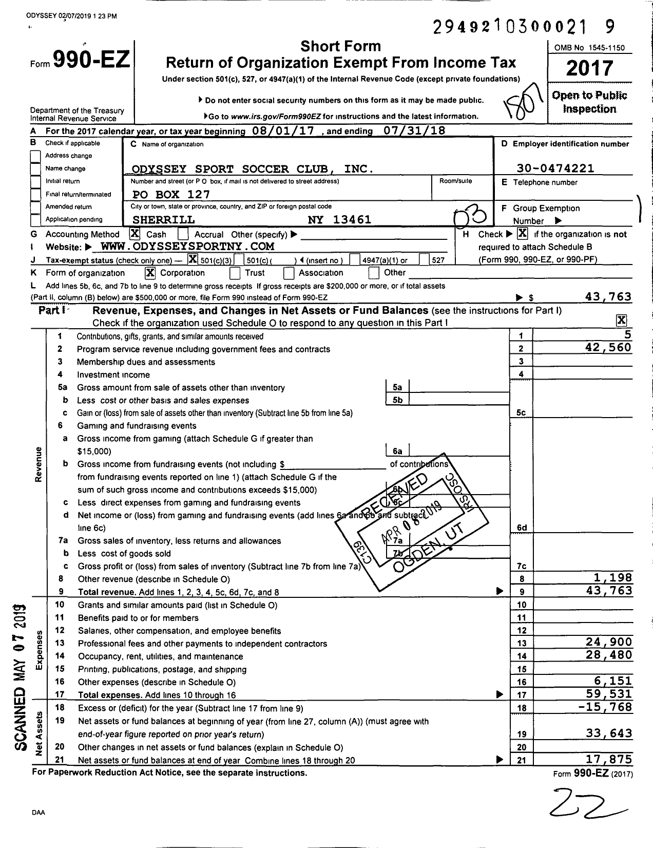 Image of first page of 2017 Form 990EZ for Odyssey Sport Soccer Club