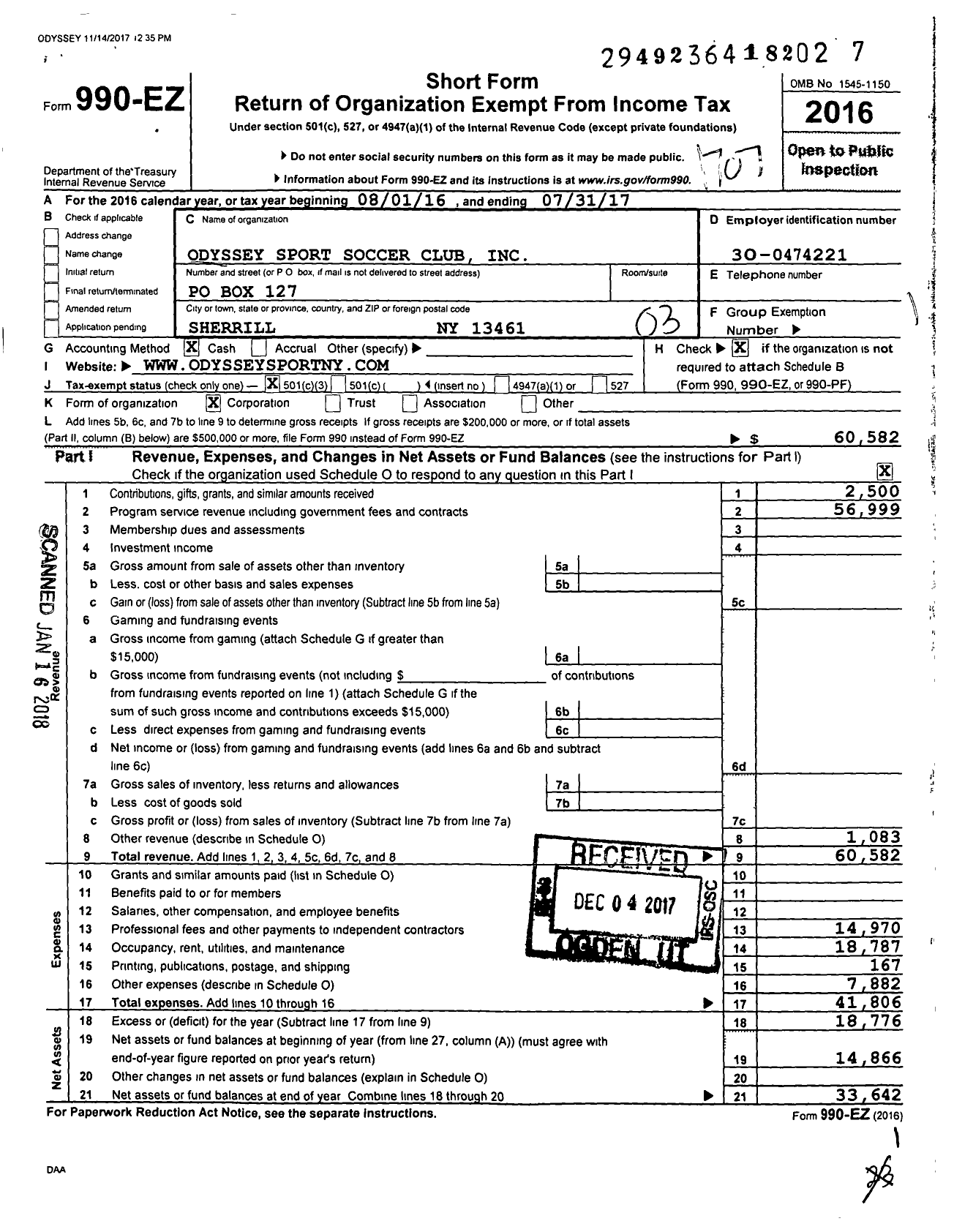 Image of first page of 2016 Form 990EZ for Odyssey Sport Soccer Club