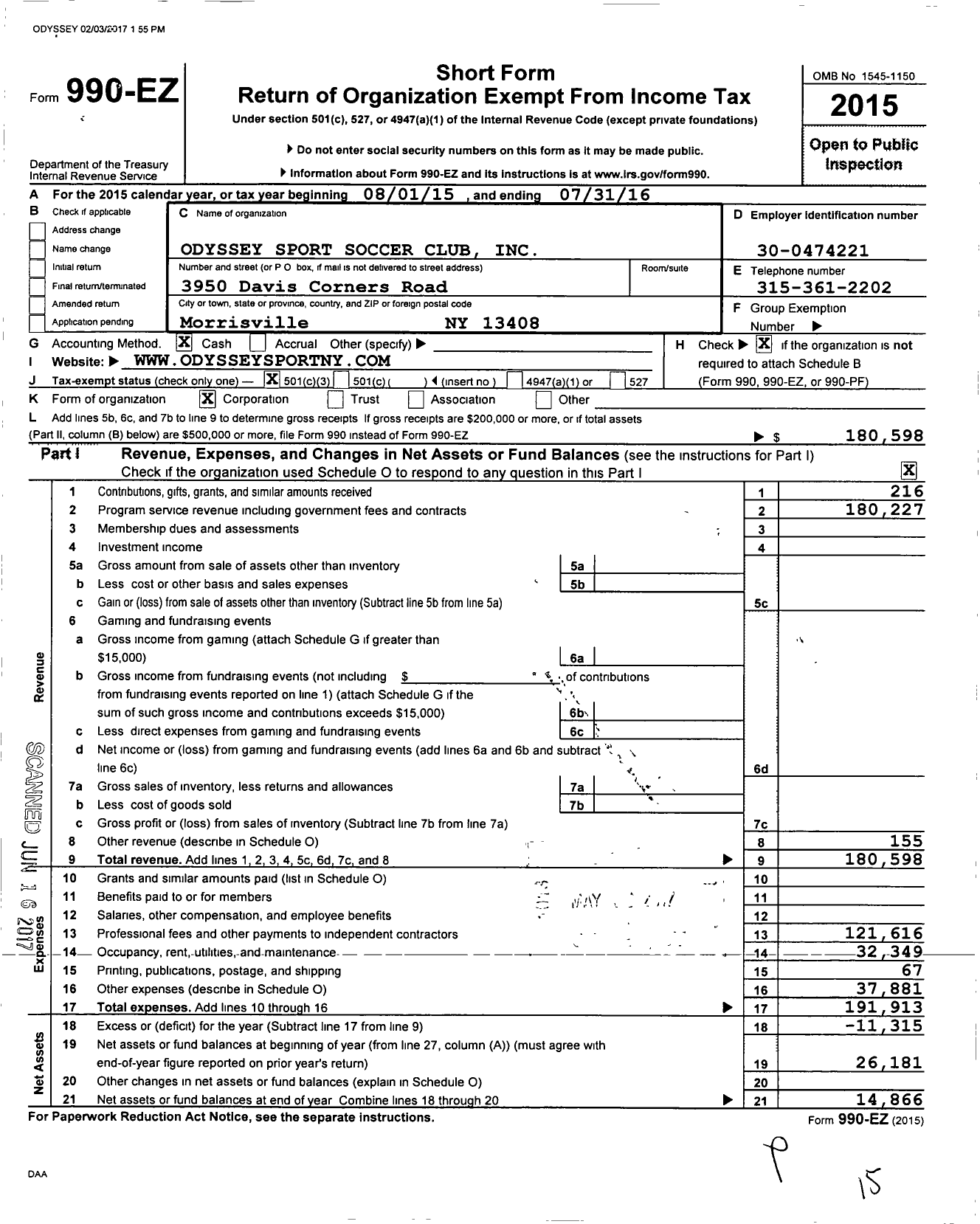 Image of first page of 2015 Form 990EZ for Odyssey Sport Soccer Club