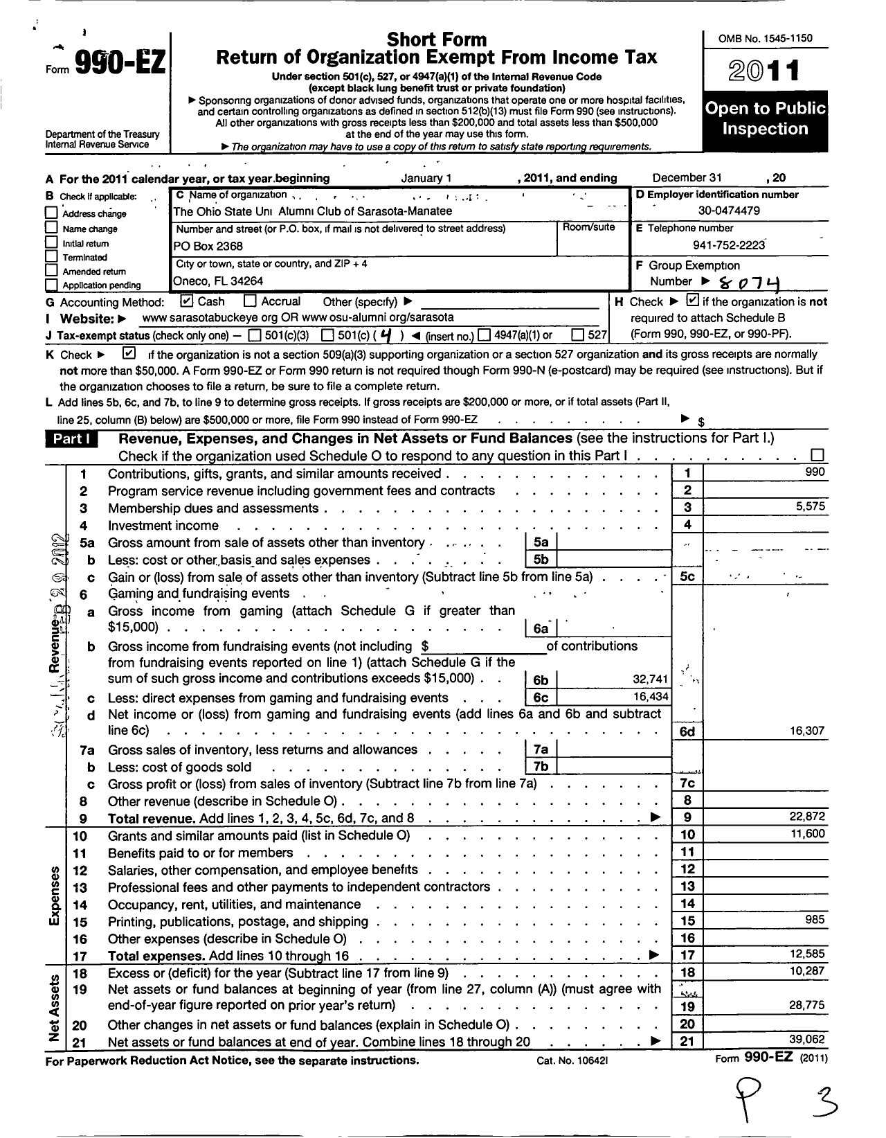 Image of first page of 2011 Form 990EO for Ohio State University Alumni Association / Sarasota Mantee Osu Alumni Club