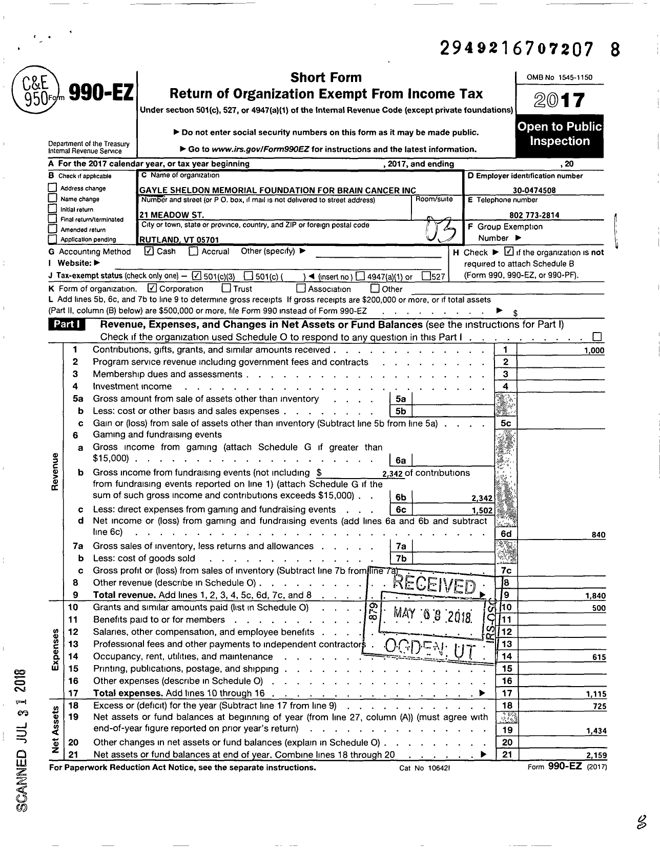 Image of first page of 2017 Form 990EZ for Gayle Sheldon Memorial Fund