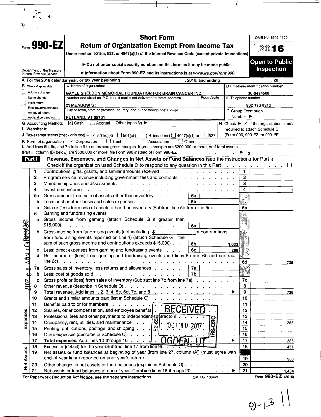 Image of first page of 2016 Form 990EZ for Gayle Sheldon Memorial Fund