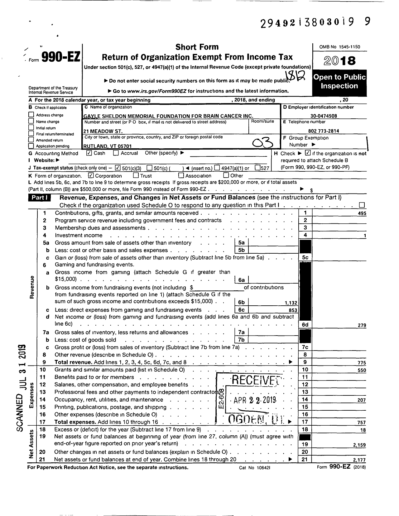 Image of first page of 2018 Form 990EZ for Gayle Sheldon Memorial Fund