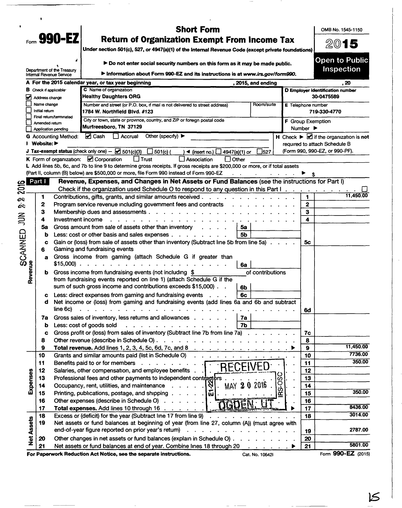 Image of first page of 2015 Form 990EZ for Healthy Daughters Org