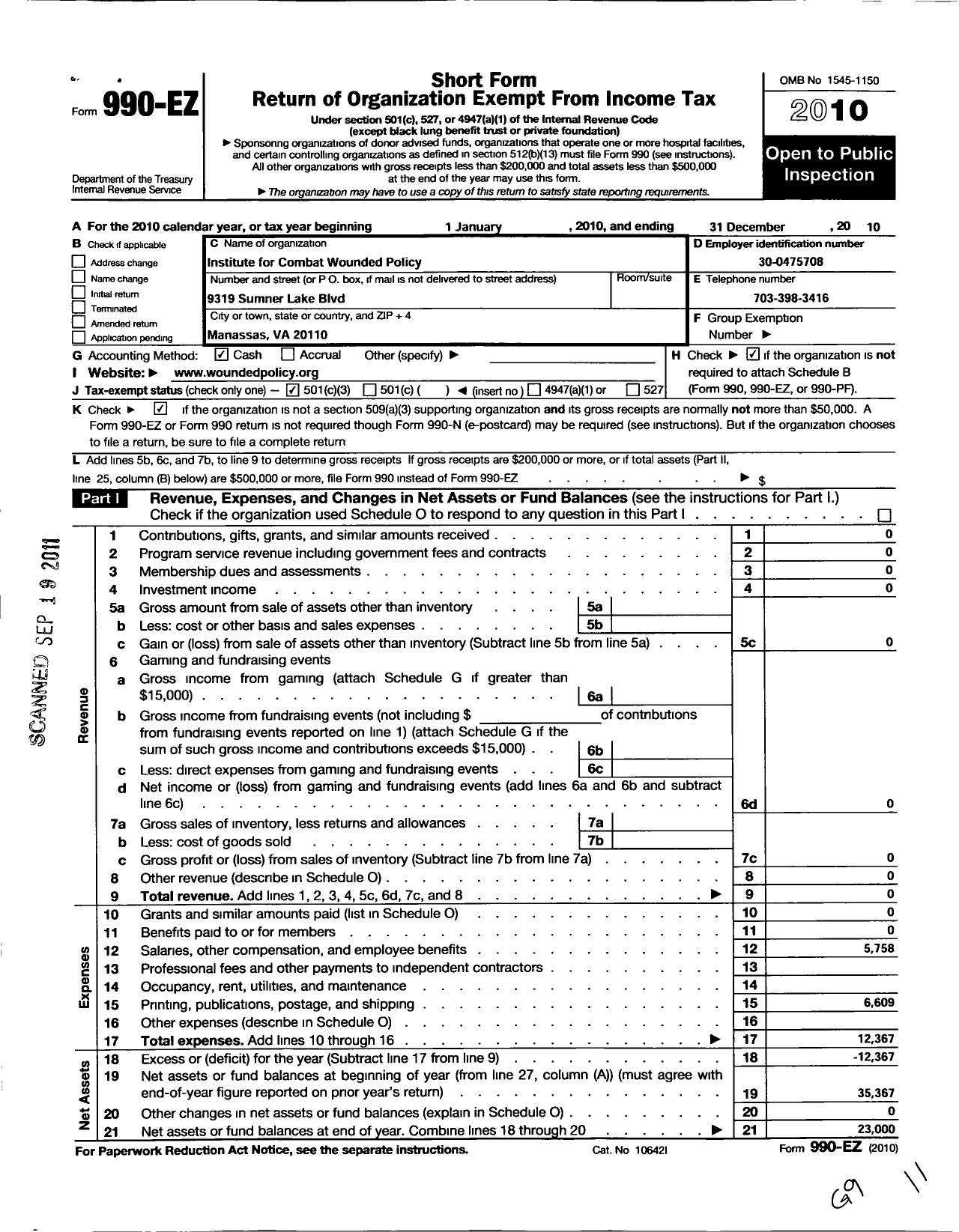 Image of first page of 2010 Form 990EZ for Institute for Combat Wounded Policy