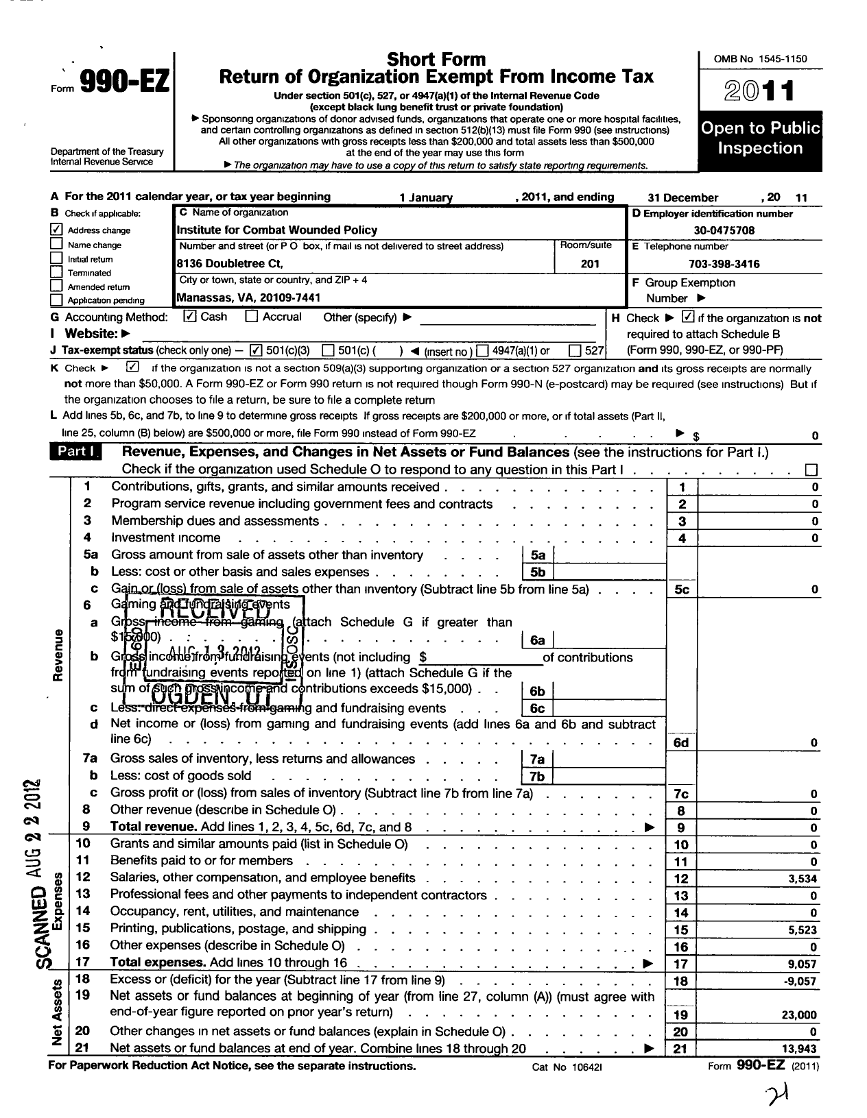 Image of first page of 2011 Form 990EZ for Institute for Combat Wounded Policy