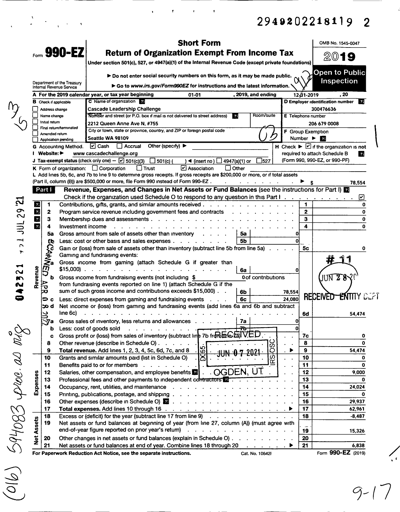 Image of first page of 2019 Form 990EZ for Cascade Leadership Challenge