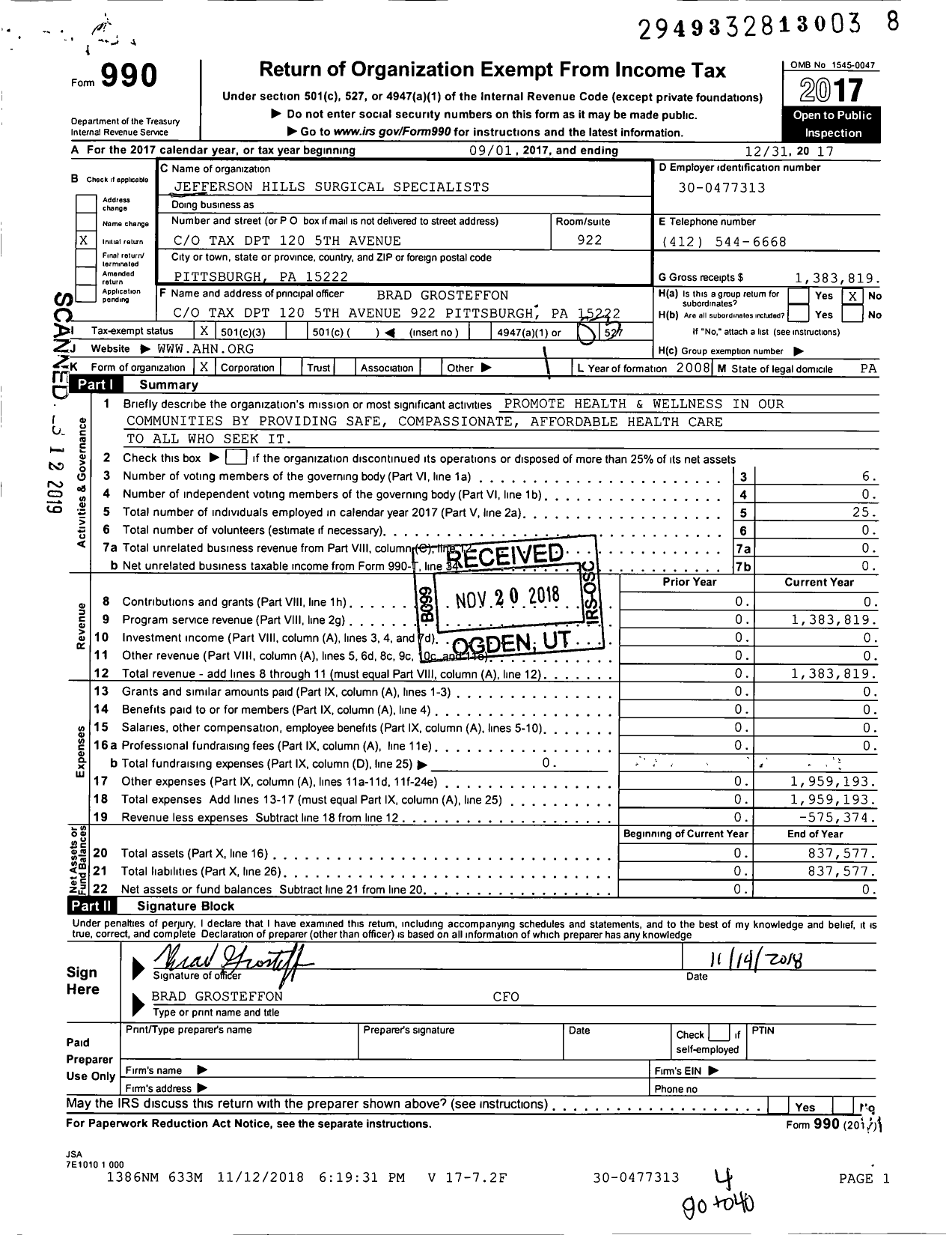 Image of first page of 2017 Form 990 for Highmark Health / Jefferson Hills Surgical Specialist