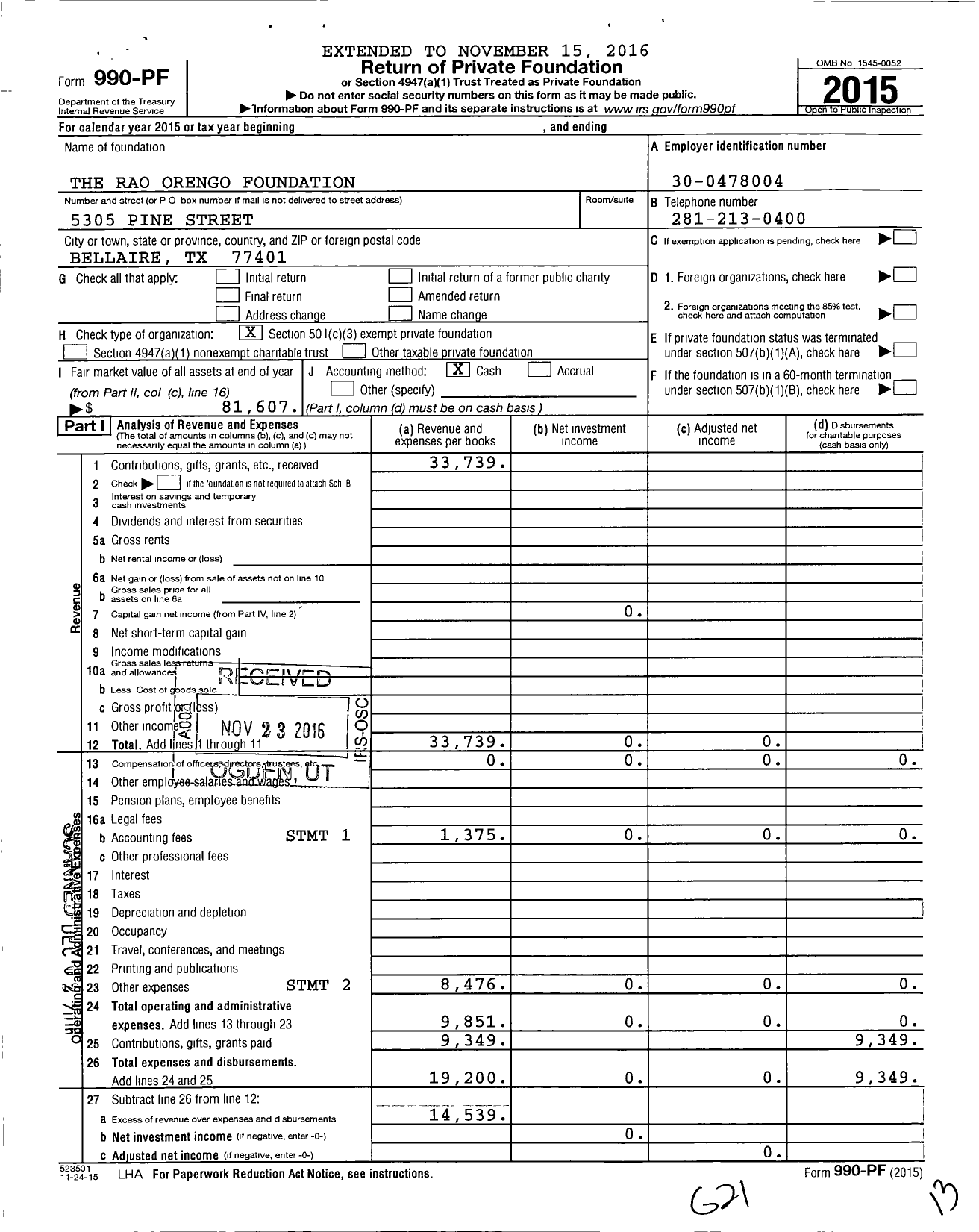 Image of first page of 2015 Form 990PF for The Rao Orengo Foundation