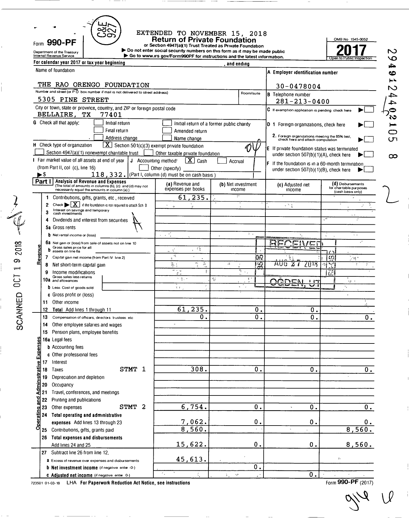 Image of first page of 2017 Form 990PF for The Rao Orengo Foundation