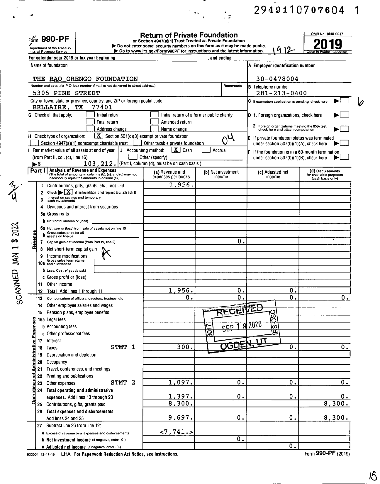 Image of first page of 2019 Form 990PF for The Rao Orengo Foundation