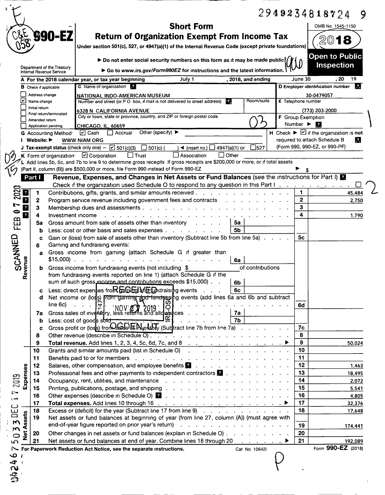 Image of first page of 2018 Form 990EZ for National Indo American Museum