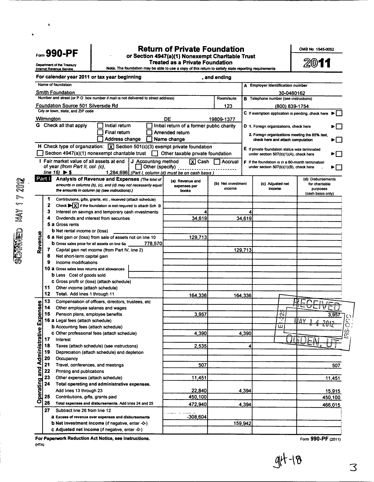 Image of first page of 2011 Form 990PF for Smith Foundation