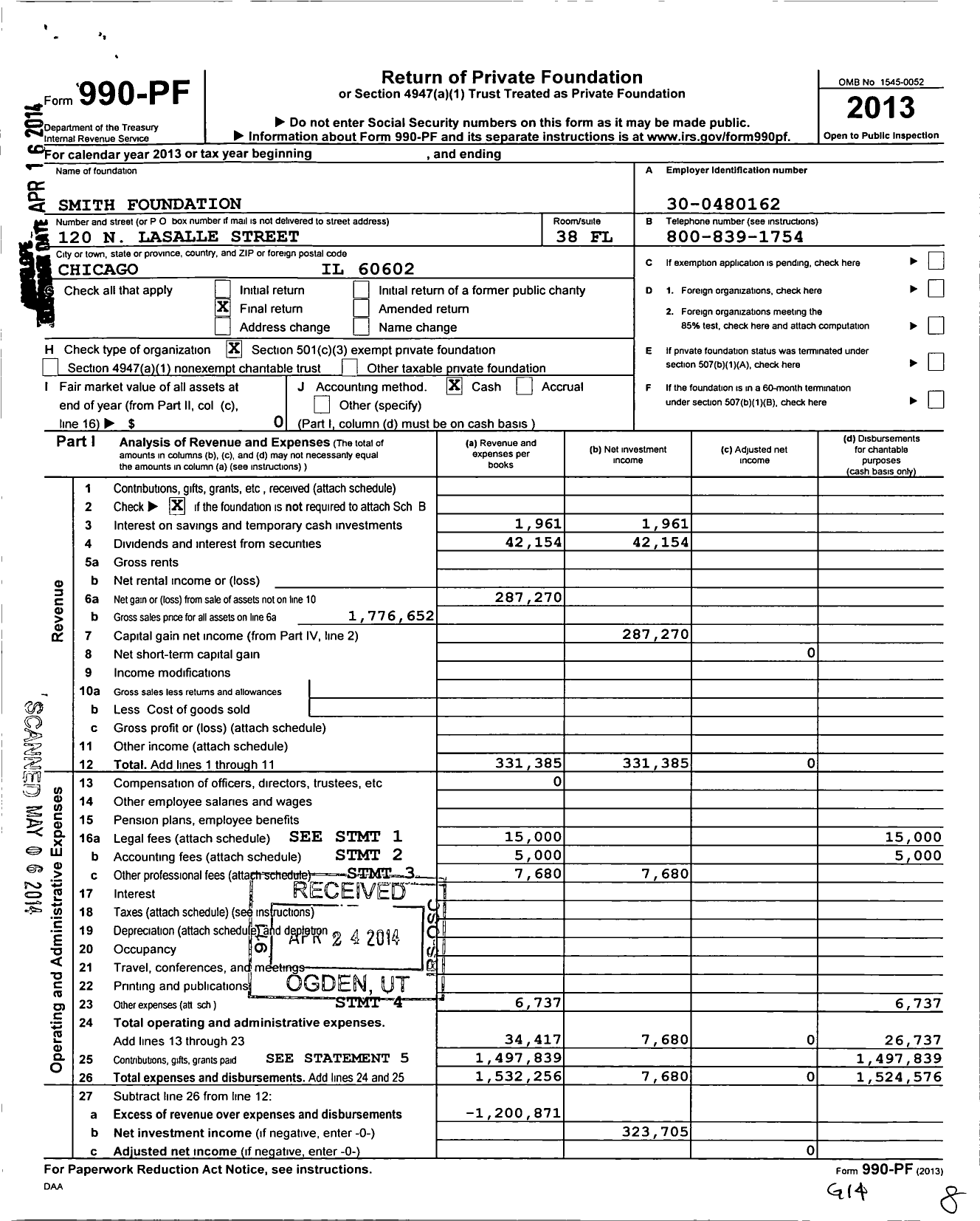 Image of first page of 2013 Form 990PF for Smith Foundation