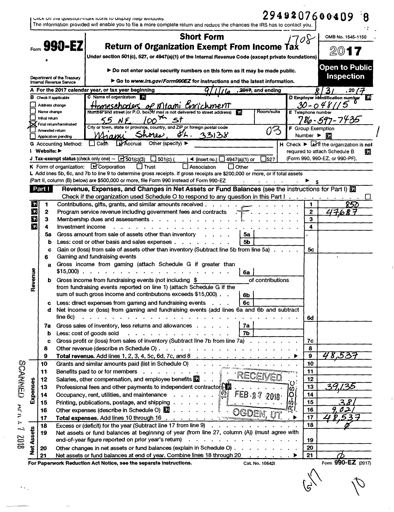 Image of first page of 2016 Form 990EZ for Homeschoolers of Miami Enrichment