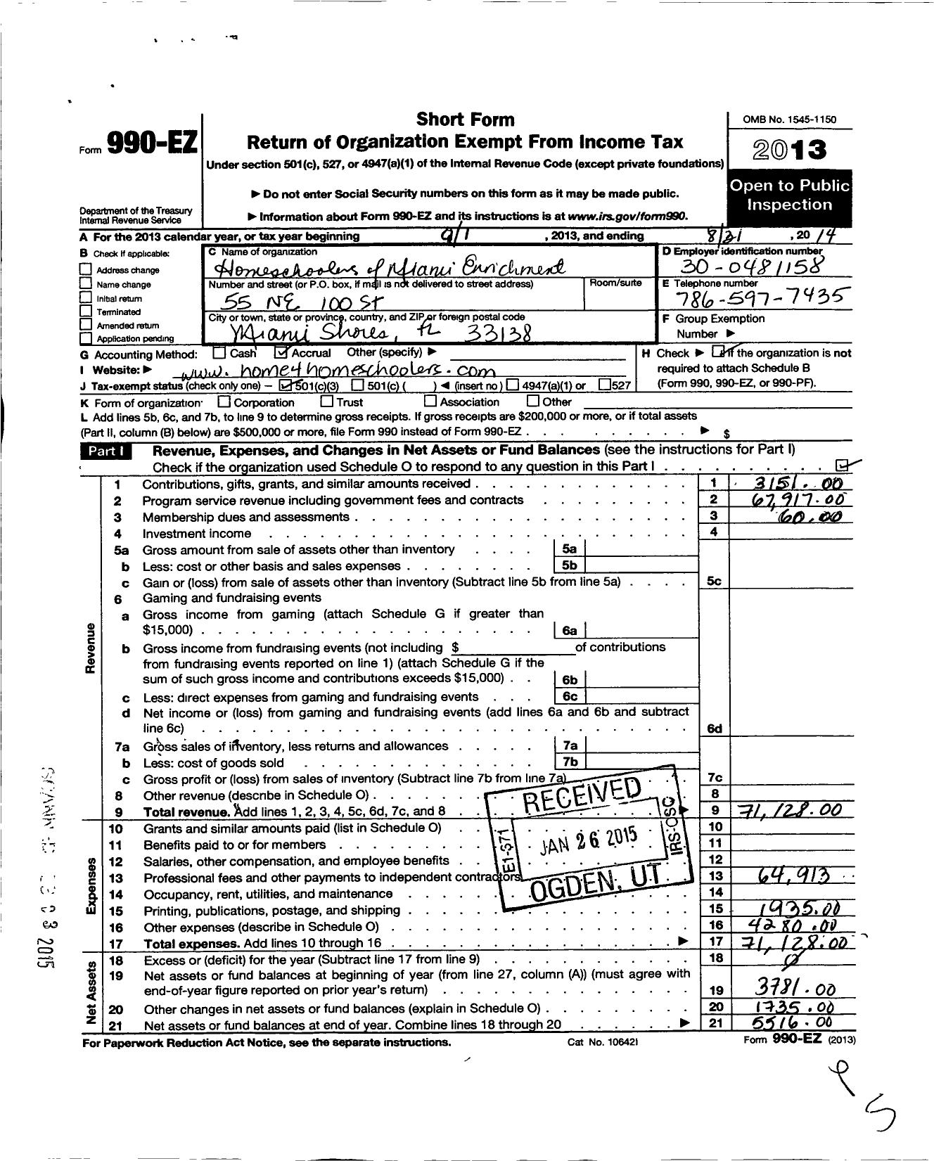 Image of first page of 2013 Form 990EZ for Homeschoolers of Miami Enrichment