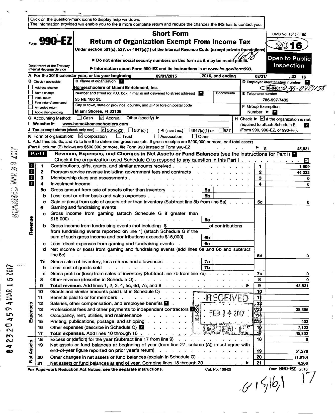 Image of first page of 2015 Form 990EZ for Homeschoolers of Miami Enrichment