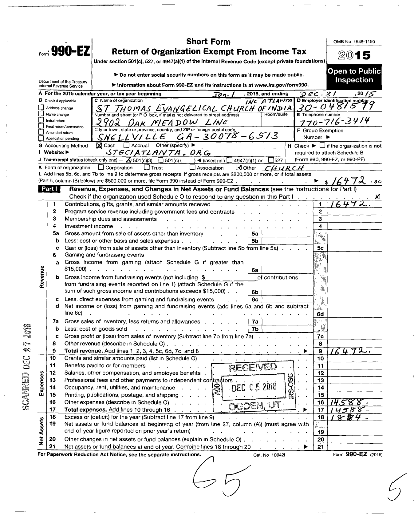 Image of first page of 2015 Form 990EZ for St Thomas Evangelical Church of India Atlanta