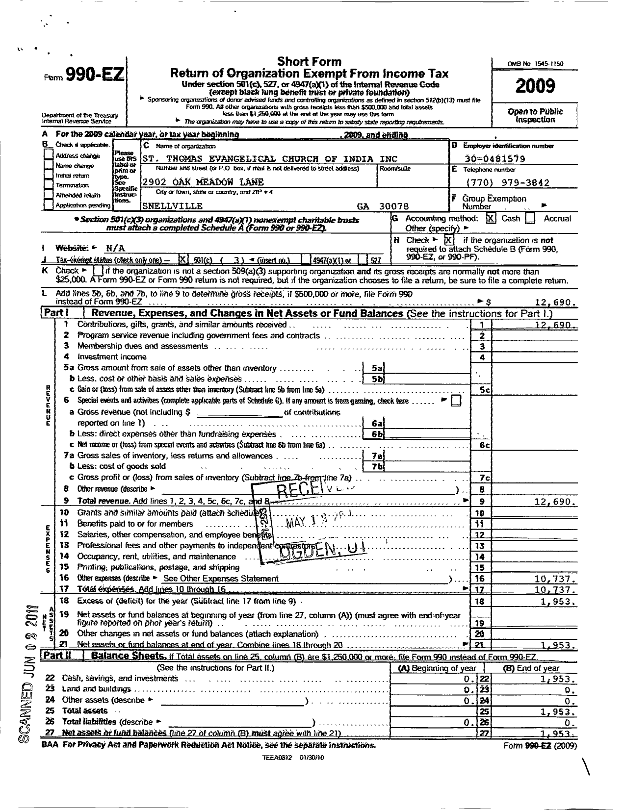 Image of first page of 2009 Form 990EZ for St Thomas Evangelical Church of India Atlanta