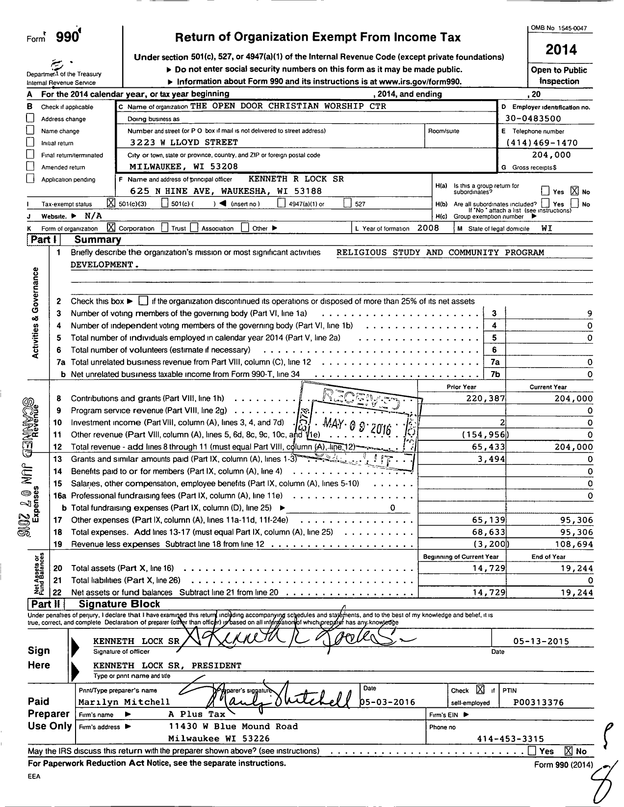 Image of first page of 2014 Form 990 for The Open Door Christian Worship Center