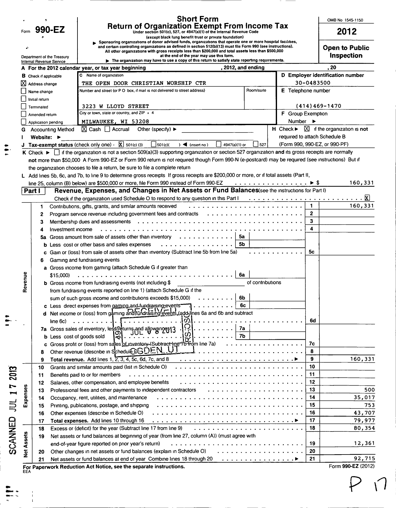 Image of first page of 2012 Form 990EZ for The Open Door Christian Worship Center