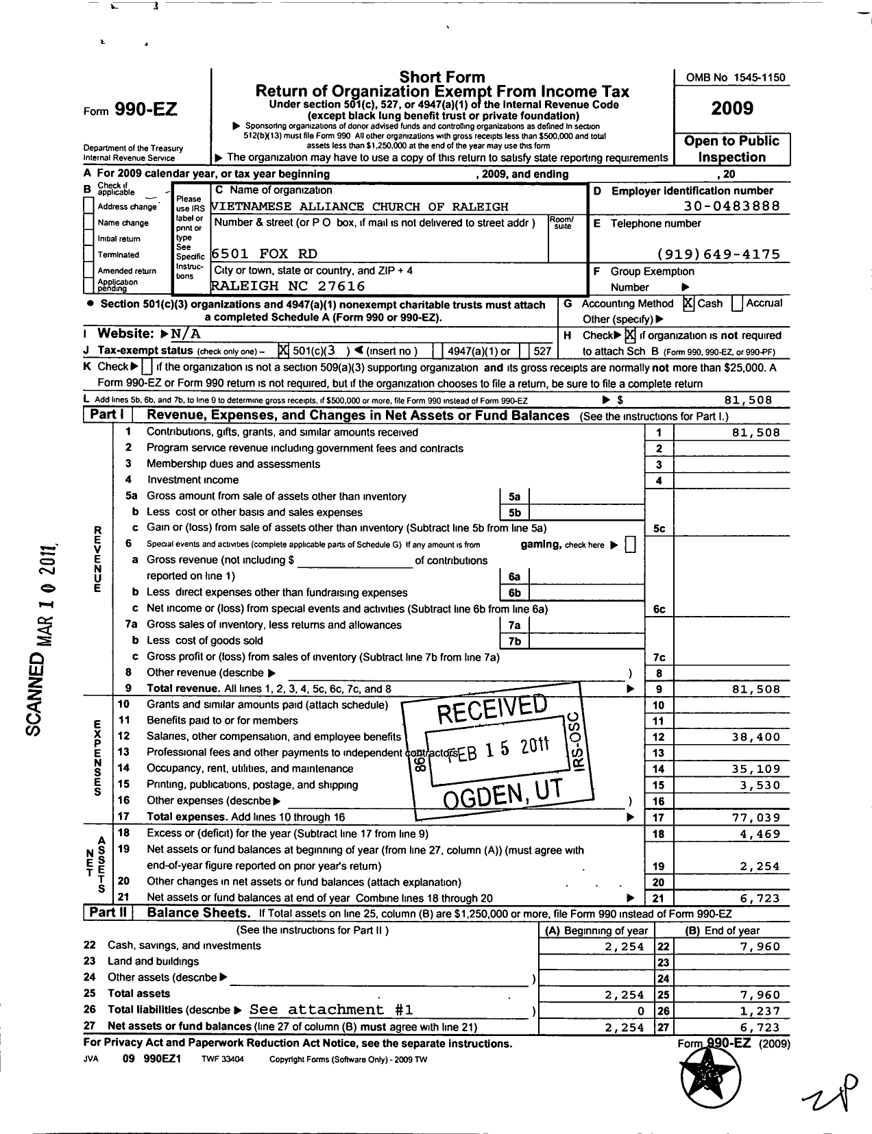 Image of first page of 2009 Form 990EZ for Vietnamese Alliance Church of Raleigh