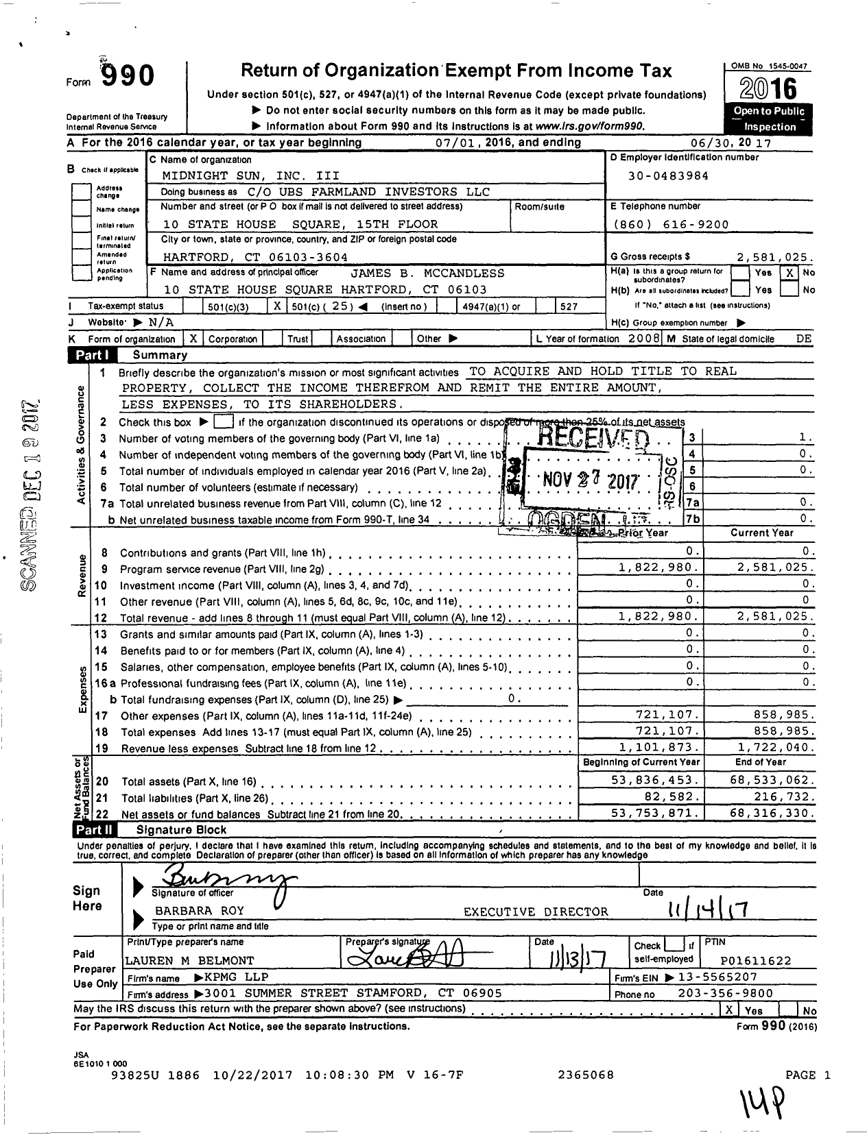 Image of first page of 2016 Form 990O for Midnight Sun Inc III