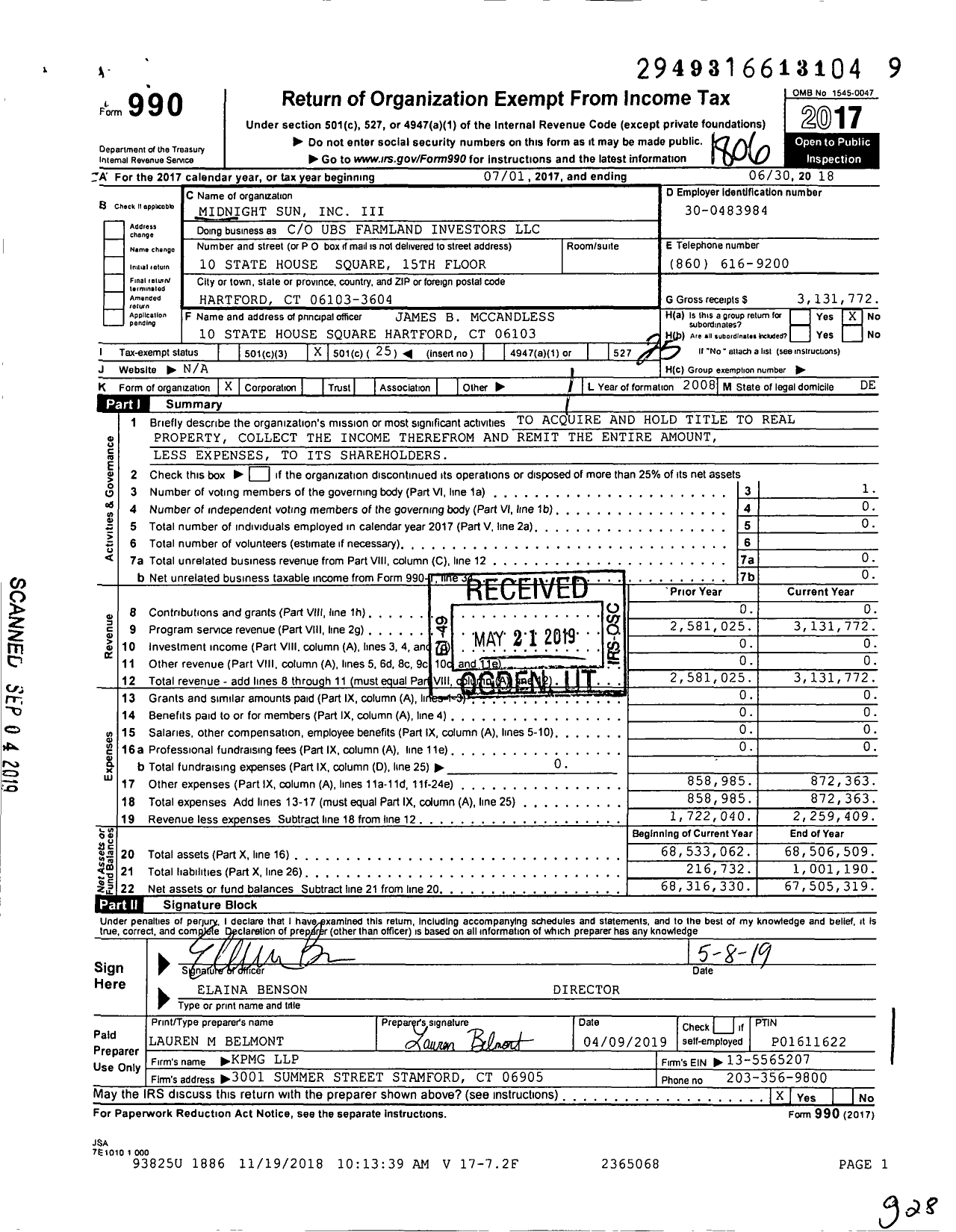 Image of first page of 2017 Form 990O for Midnight Sun Inc III