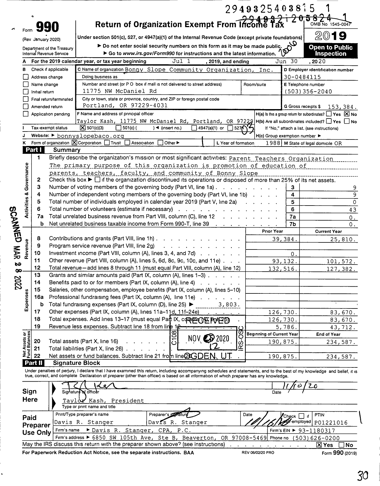 Image of first page of 2019 Form 990 for Bonny Slope Community Organization